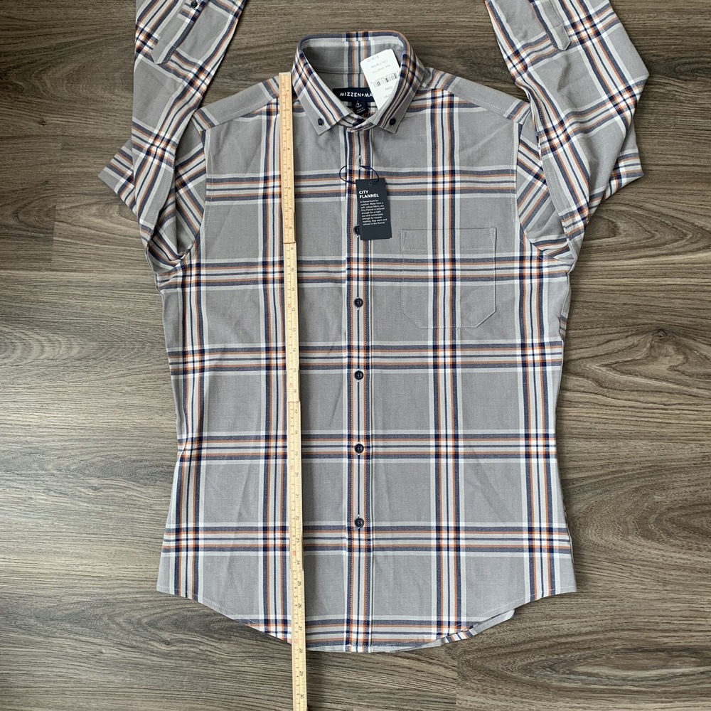 Mizzen Main City Flannel Trim Fit Grey Blue Plaid Shirt Mens size Small $138 NEW - Picture 7 of 7